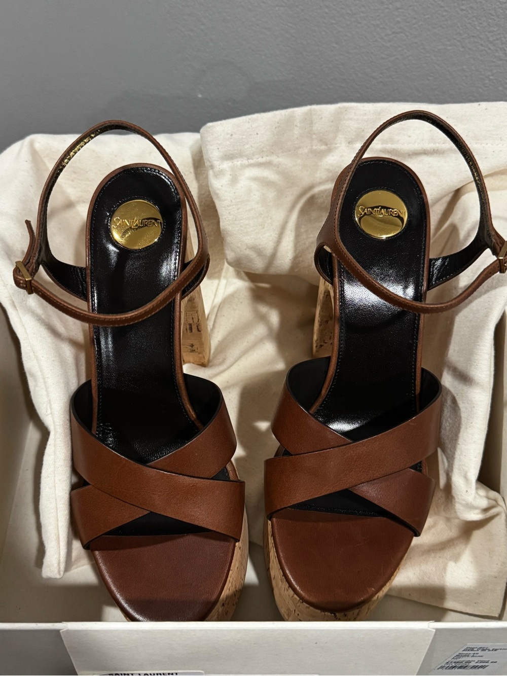 Saint Laurent Bianca , Brown Leather Cork Platform Sandals - Picture 4 of 7